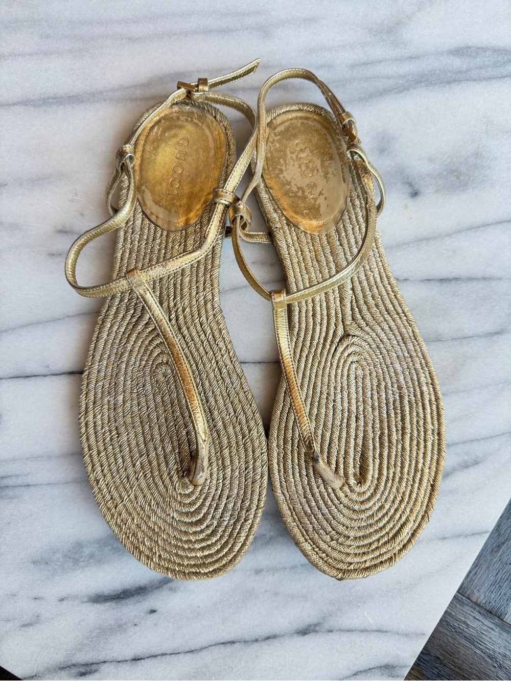 Gucci Woven Rope Gold T-Strap Thong Sandals Flat Women Size 36